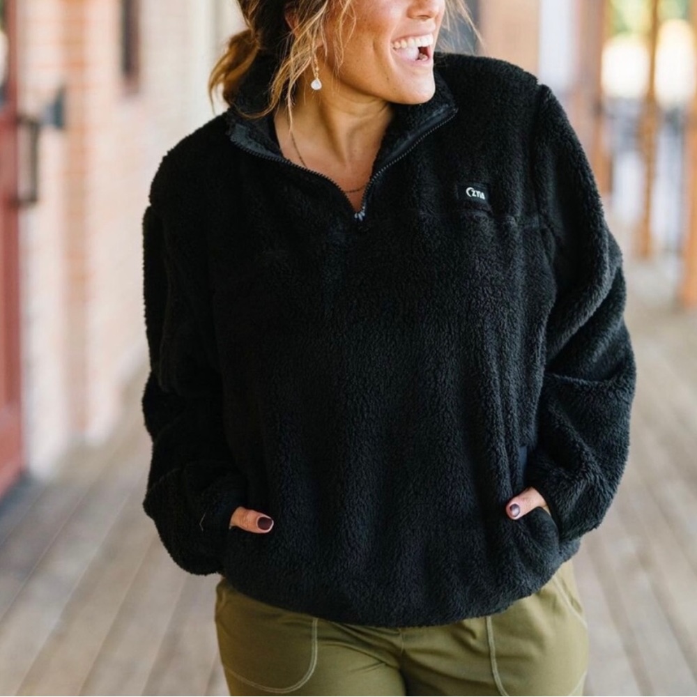 ZYIA Active Black Sherpa Teddy 1/4 Zip Pocket Jacket Pullover Sz L